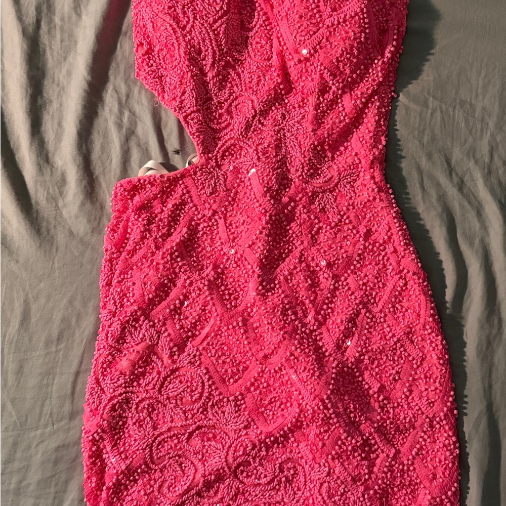 Primavera Couture One-Shoulder Beaded Hot Pink Cocktail Dress